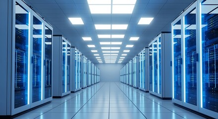 Modern digital data center interior with rows of blue illuminated server racks, symbolizing advanced information storage, cloud computing, and robust network infrastructure
