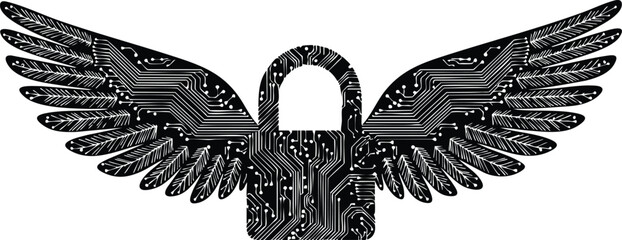 Secure digital freedom concept with padlock adorned with wings and circuit board design