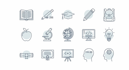 Education and Learning Icons Set - Books, Pencils, Graduation Cap, Apple, Microscope, Globe, Computer, Lightbulb, Diploma, Presentation, Brain, Gear. © Heruu