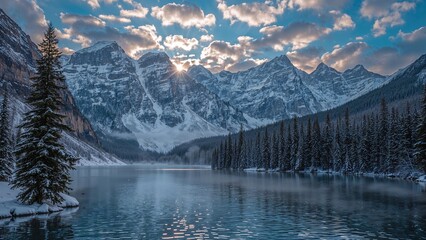 Snow-capped mountains and pine trees reflected in a calm lake beneath a partly cloudy sky.