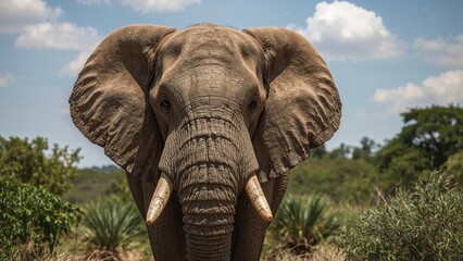 Fototapeta premium A majestic elephant in the wild with large ears and tusks, standing amidst lush greenery under a blue sky with clouds.