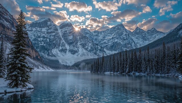 Snow-capped mountains and pine trees reflected in a calm lake beneath a partly cloudy sky. - Powered by Adobe