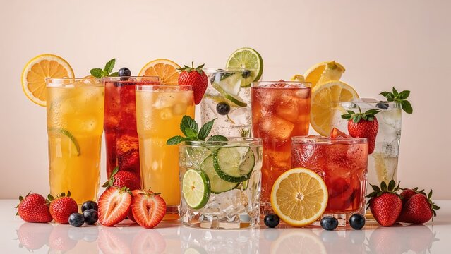 A variety of colorful fruit drinks with fresh berries, citrus slices, and mint leaves displayed on a reflective surface. Refreshing beverages with fruit and ice.