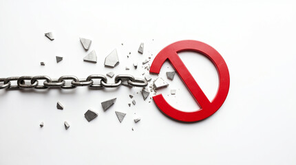 Bold freedom concept with broken chain smashing red no symbol on clean white backdrop, representing overcoming obstacles and achieving liberation from restrictions