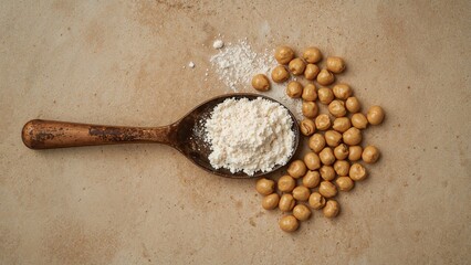 Dry chickpeas and chickpea flour on a surface with a spoon.