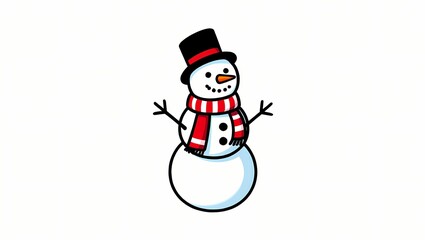Classic happy snowman character wearing a black top hat, carrot nose, and a striped red and white scarf. Traditional cartoon illustration for winter, christmas, snow, and seasonal holidays.