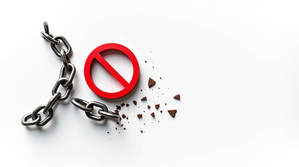 Freedom from restrictions concept with broken chain and red prohibition sign, symbolizing liberation and overcoming obstacles in a clean, modern visual