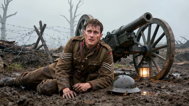 Exhausted white military officer lying among barbed wire and muddy