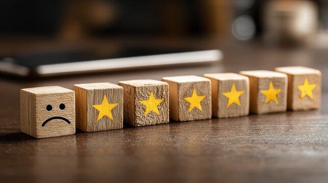 Businessman uses application on his smartphone to monitor the five star ratings and reviews about business service and user experience