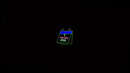 Happy New Year 2026 Animation,2026 New Year Calendar Animation on Black Background 01 JANUARY month calendar icon with symbol.