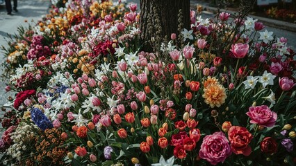 A vibrant array of flowers surrounding a tree trunk with pink tulips, roses, and daffodils in full bloom.