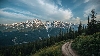 Obraz premium Snow-capped mountains from a trail in the forest under a partly cloudy sky. Nature landscape and wilderness scenery. Mountain range and greenery.