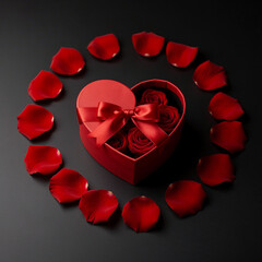 Elegant red roses nestled in heart-shaped gift box with ribbon, surrounded by delicate petals on a dark background, perfect for Valentine's Day romance and heartfelt gifting