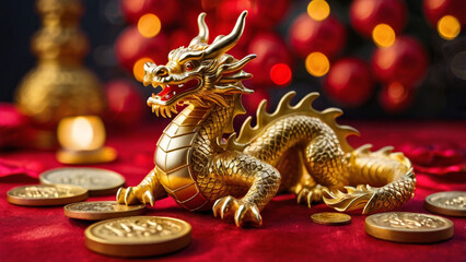 Celebrate the Chinese New Year with a stunning golden dragon statue and lucky coins on a vibrant red background, perfect for festive greetings and cultural promotions