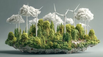 Green forest with wind turbines generating clean energy on a floating island generating clean energy