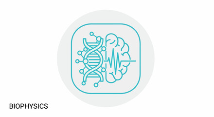 Biophysics concept with DNA and brain activity illustration.