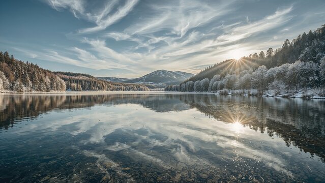 Winter landscape of a lake with snow-covered trees and mountains in the background, under a cloudy sky with sunlight shining through.