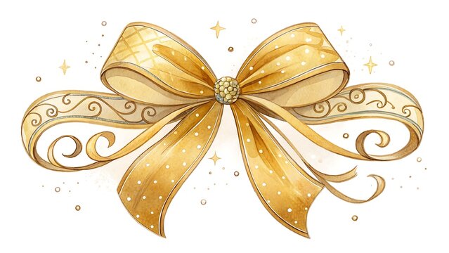 Watercolor illustration of a golden ribbon bow isolated on white background, perfect for adding a touch of elegance and festivity to any design project