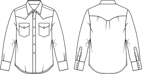 Men's western shirt vector illustration, technical fashion flat sketch, front and back view, long sleeve, cowboy apparel mockup