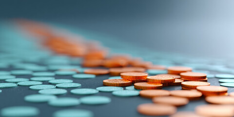 Close-up of scattered copper and teal coins on a dark surface with shallow depth of field and soft lighting