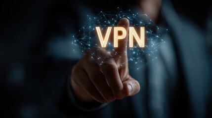 Virtual private network concept illustrates Businessman activating secure VPN connection for privacy and data protection