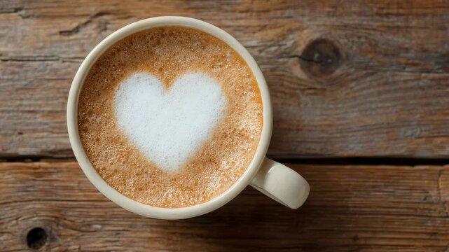 Latte art heart shape in a coffee cup on a rustic wooden table