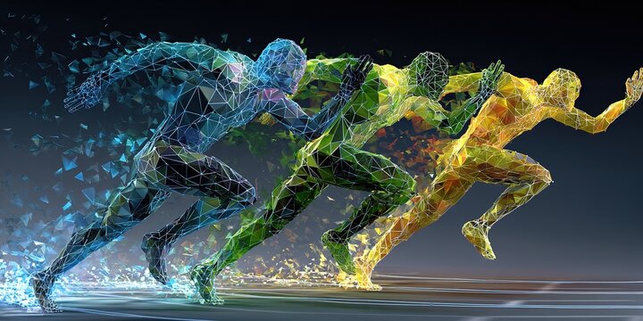 Dynamic representation of sprinting figures showcasing motion and speed in vibrant colors during a digital art display