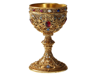 Golden chalice with gemstone inlays standing upright on a clean white surface