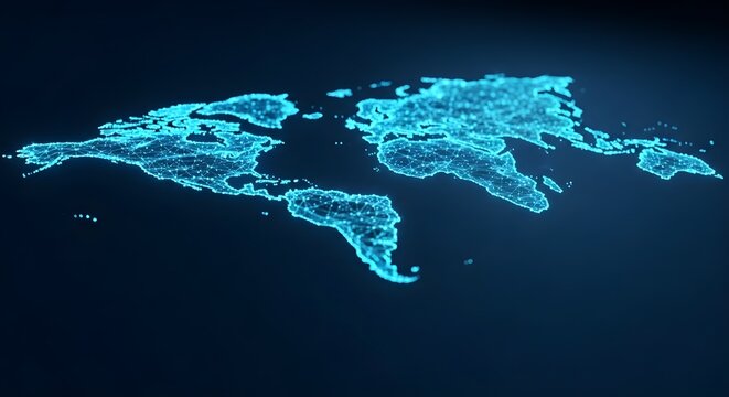 Glowing world map with blue light on dark background