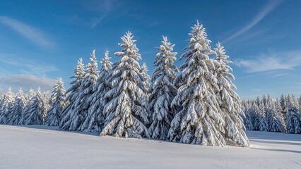 Snow-covered trees in a winter landscape under a blue sky with wispy clouds.