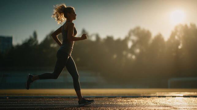 Vertical close-up digital painting of a focused woman running on a morning path, showcasing determination, motion, and the quiet intensity of early exercise.
