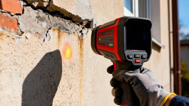 Closeup of handheld infrared camera scanning building exterior walls to detect heat leaks and moisture intrusion during thermal inspection.