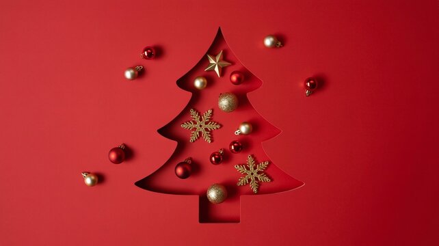 Minimalist Christmas tree shape cut out of vibrant red paper, filled with gold stars, snowflakes, and festive red and gold ornaments. - Powered by Adobe