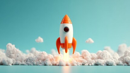 Carrot rocket launching from a pot on a pastel blue sky background with white fluffy clouds. Easter and springtime minimalist concept