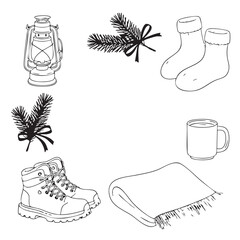 Hand drawn winter cabin accessories including lantern boots socks mug pine branches and blanket cozy