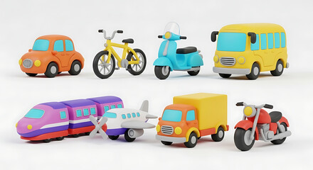 Naklejka premium A diverse collection of cute 3D toy transportation vehicles, including a car, bike, scooter, bus, train, plane, truck, and motorcycle, isolated on a white background