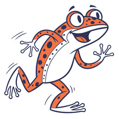 Joyful Orange Frog Cartoon Character Running on White Background Isolated