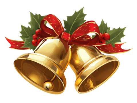 Golden sleigh bells tied with red ribbon and holly sprigs