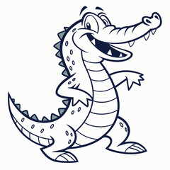 Outlined Cartoon Crocodile, Scales and Teeth, Walking on a White Background
