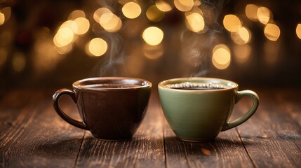 Two steaming mugs of hot coffee or cocoa, symbolizing cozy shared moments on a rustic dark wood table against a blurred golden Christmas bokeh background.
