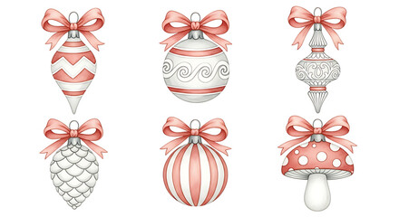Elegant Watercolor Christmas Ornament Collection with Delicate Blush Pink Bows for Festive Design