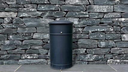 A sleek and modern waste bin complements a beautifully textured stone wall, elevating the overall aesthetic of the environment