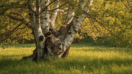 A mature birch tree with distinctive white bark standing in a grassy field during autumn.