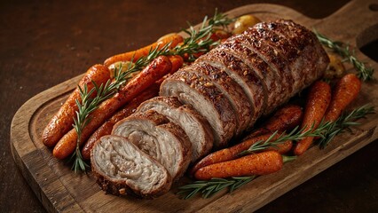 Sliced roasted meat loaf on a wooden board with carrots and rosemary garnish.