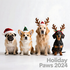 Christmas Dogs with Accessories. generative ai

Short Description: Row of cute dogs wearing Christmas hats and antlers on white background.