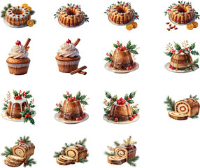 A festive collection of Christmas desserts including bundt cakes, cupcakes, puddings, and holiday rolls decorated with icing, berries, holly leaves, cinnamon sticks, and evergreen branches.