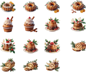 A festive collection of Christmas desserts including bundt cakes, cupcakes, puddings, and holiday rolls decorated with icing, berries, holly leaves, cinnamon sticks, and evergreen branches.