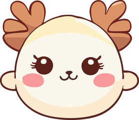 A cute kawaii-style reindeer face with soft cream colors, big sparkling eyes, blush cheeks, and rounded cartoon antlers.