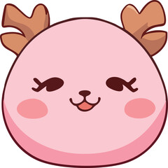A cute pink kawaii reindeer face with soft round features, blushing cheeks, happy closed eyes, and small cartoon antlers.