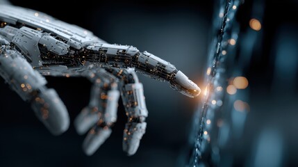 Robotic hand interacts with digital interface for document management system automation and data processing